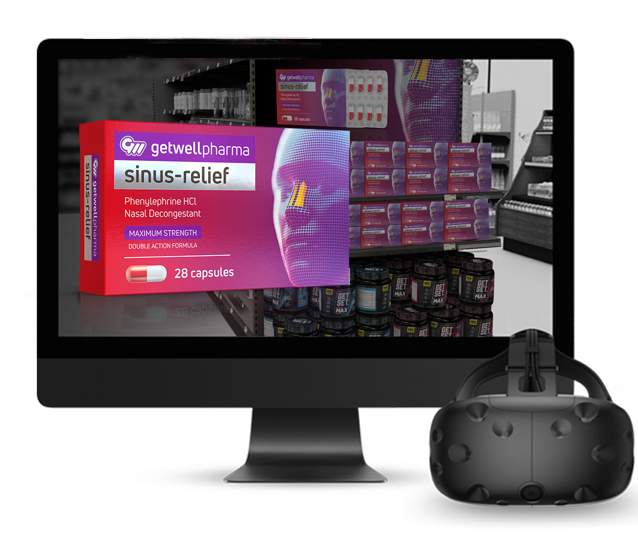 Store Visualizer reality rendered on a computer screen mockup with VR goggles