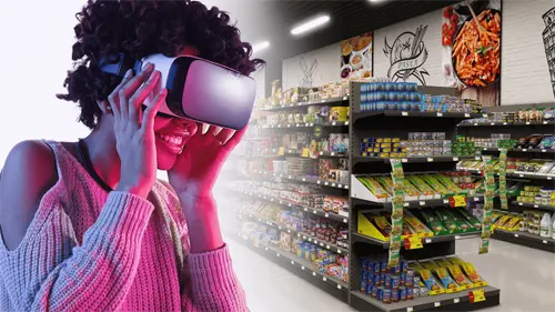 Women in VR goggles and shelves in a grocery store
