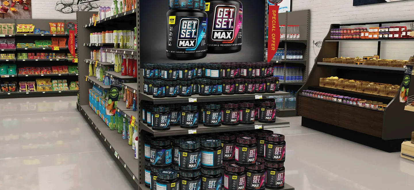 Shelves with supplements in the store
