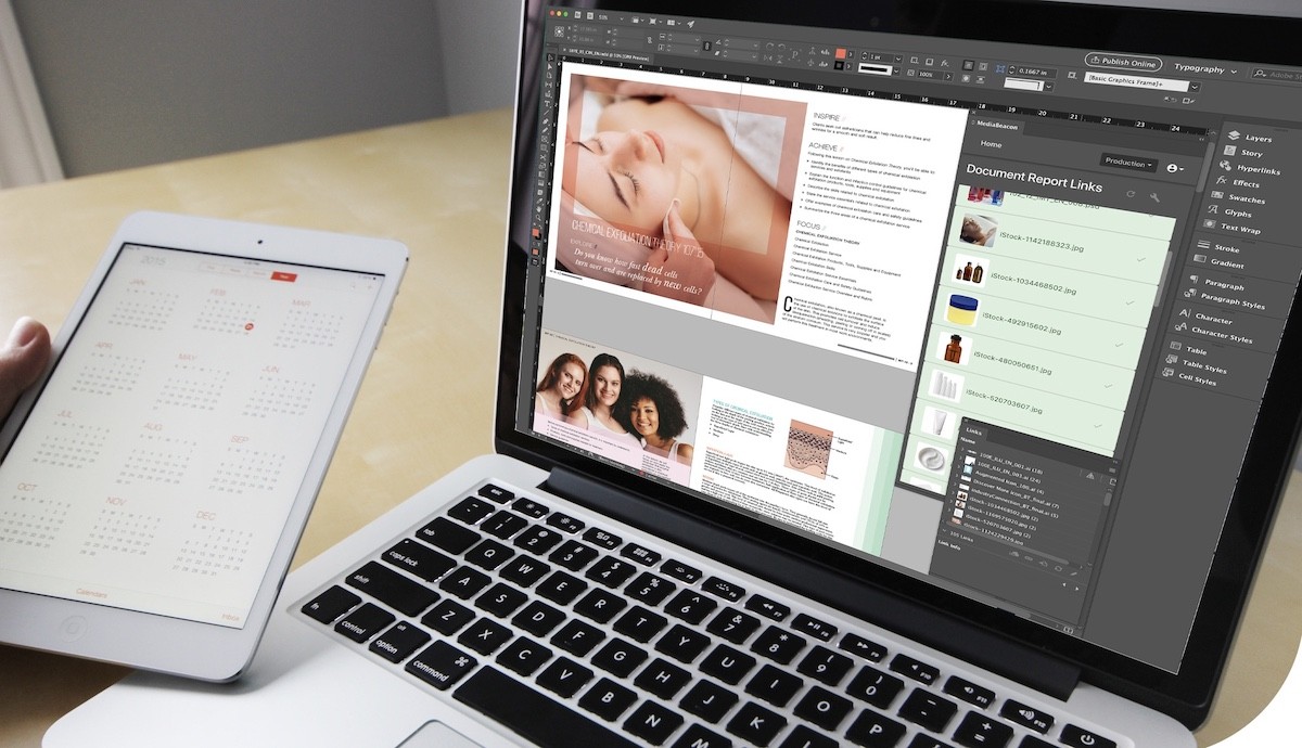 Image of beauty article on laptop next to a tablet showing a calendar