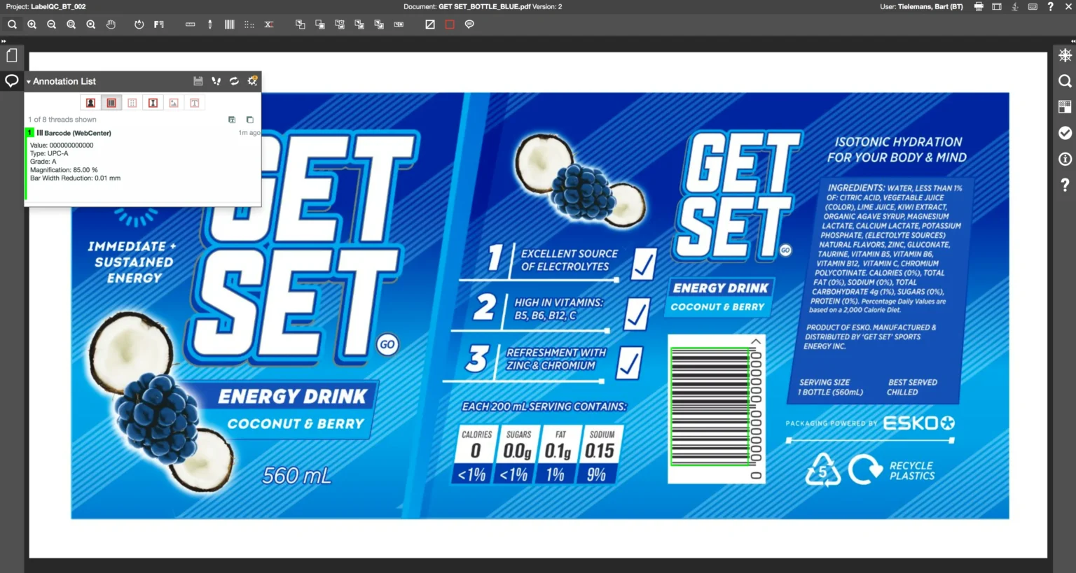 Screenshot showing GetSet label barcode
