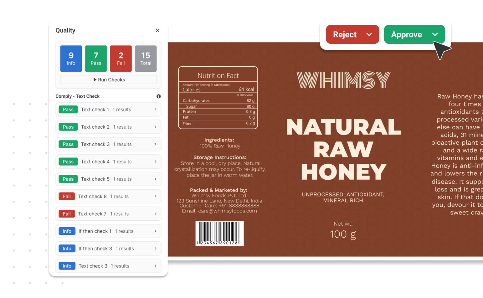 Image of Whimsy natural raw honey comply text check