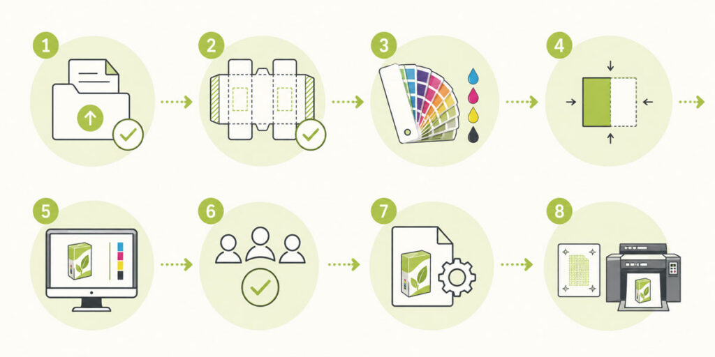Eight-step packaging prepress workflow shown as a simple visual process, from file receipt and dieline verification through color management, trapping, proofing, approval, output preparation, and final plate or press output.