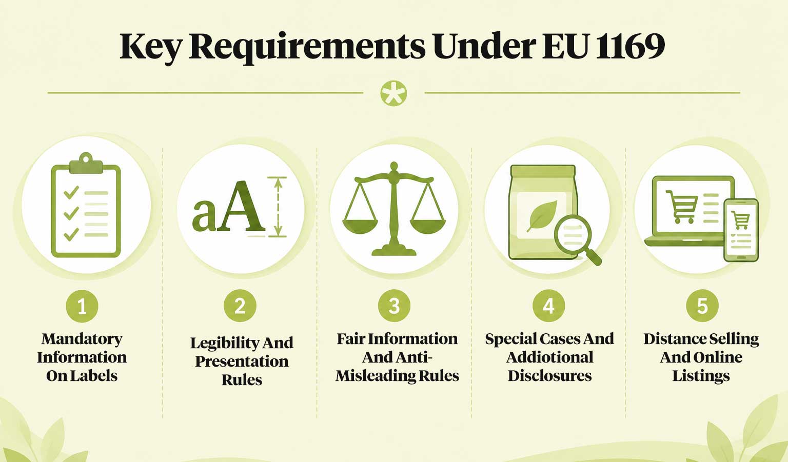 Clean header graphic with five EU 1169 requirement headings and symbols.