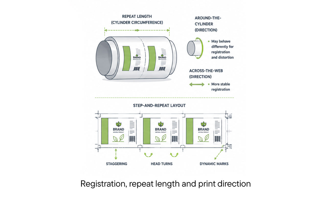 registration, repeat length and print directions for flexo printing