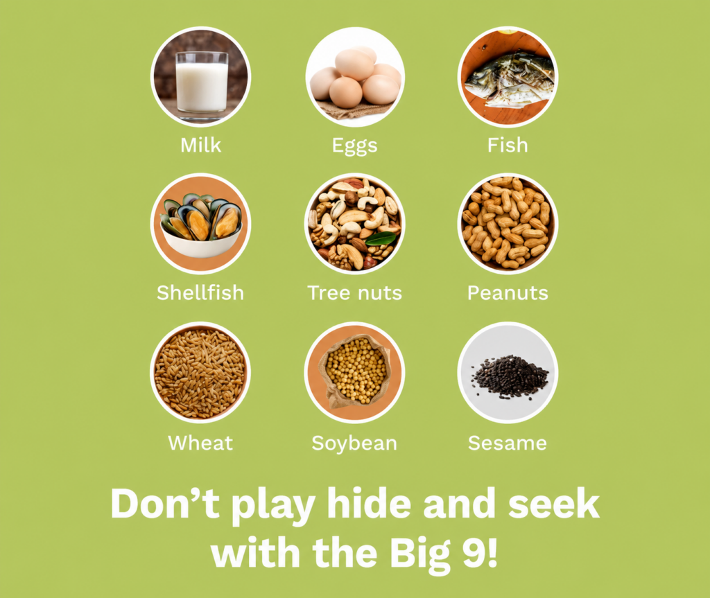 Infographic showing the Big 9 food allergens in a 3x3 grid: milk, eggs, fish, shellfish, tree nuts, peanuts, wheat, soybean, and sesame, with the message “Don’t play hide and seek with the Big 9!”
