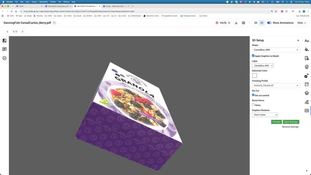 3D preview allowing to check distribution and alignment of graphics on the packaging with ESKO Viewer
